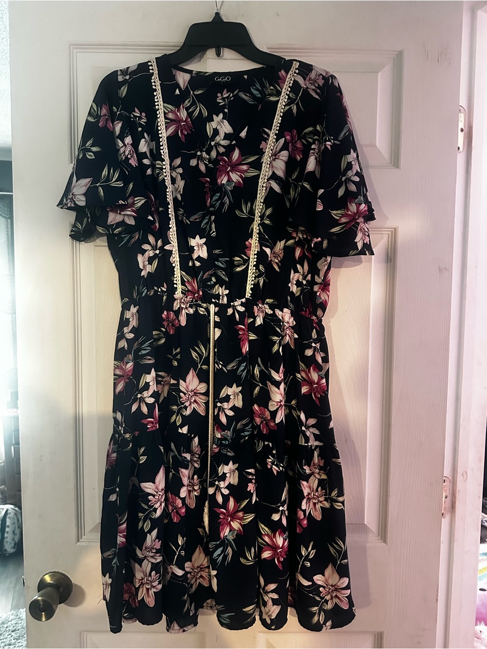 GGO Black Floral Midi Dress with Pink Accents